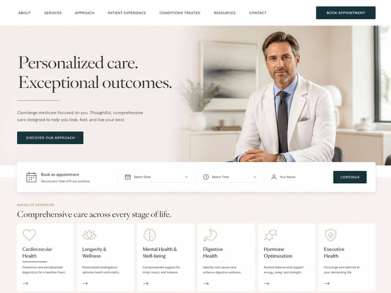 Website design sample for a private medical practice: a physician portrait beside an appointment booking bar and a row of specialty cards